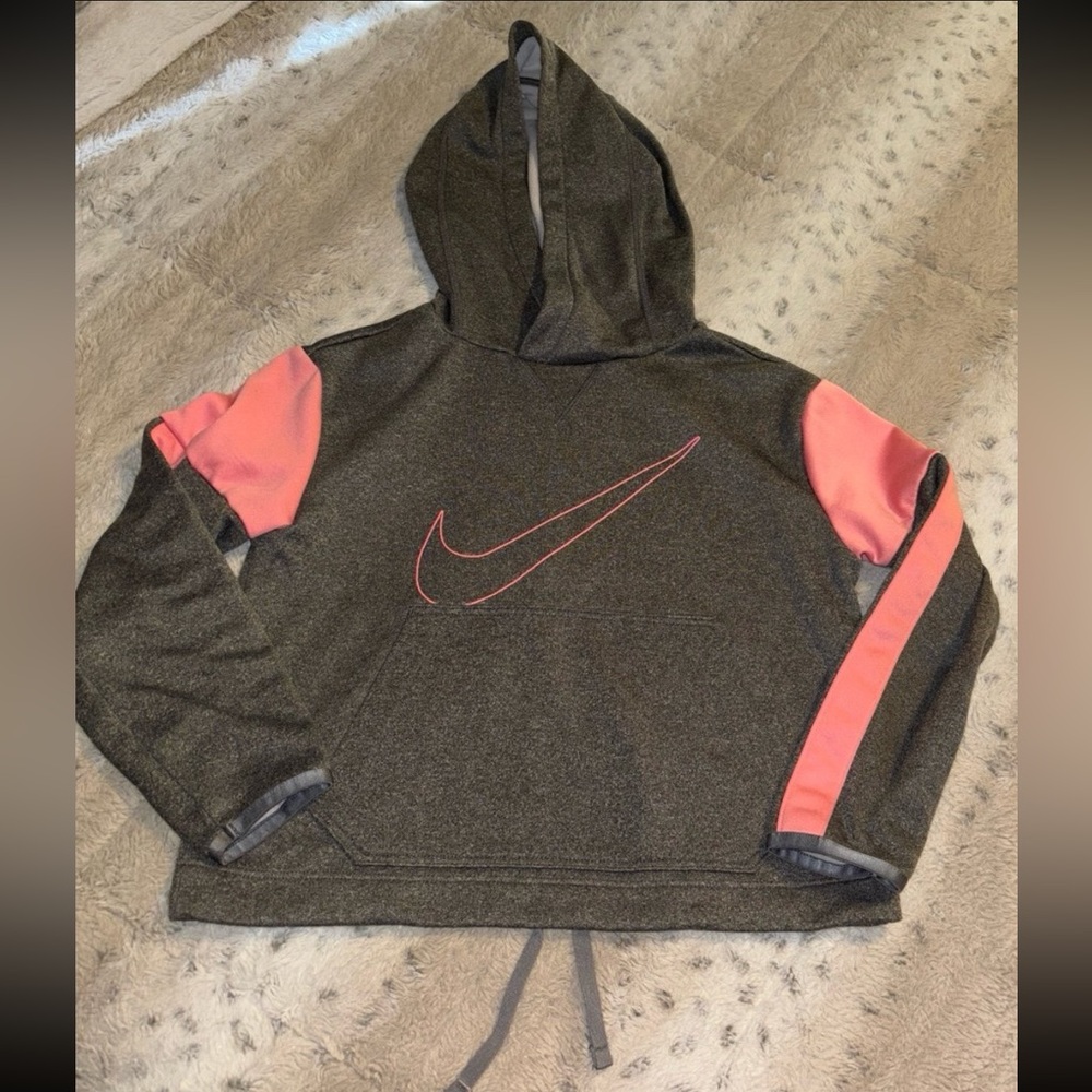 Nike Girl's Hoodie Grey and Pink Dri-Fit Big Logo Pocket Athletic